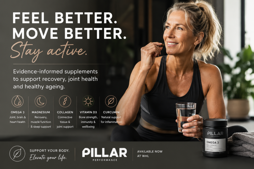 "Healthy active woman taking PILLAR Performance supplements for recovery, joint health and healthy ageing at Williamstown Health + Lifestyle."